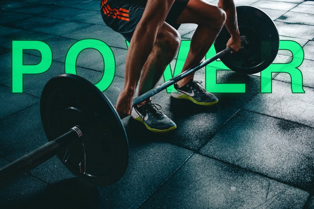 Gym athlete with POWER text behind the subject